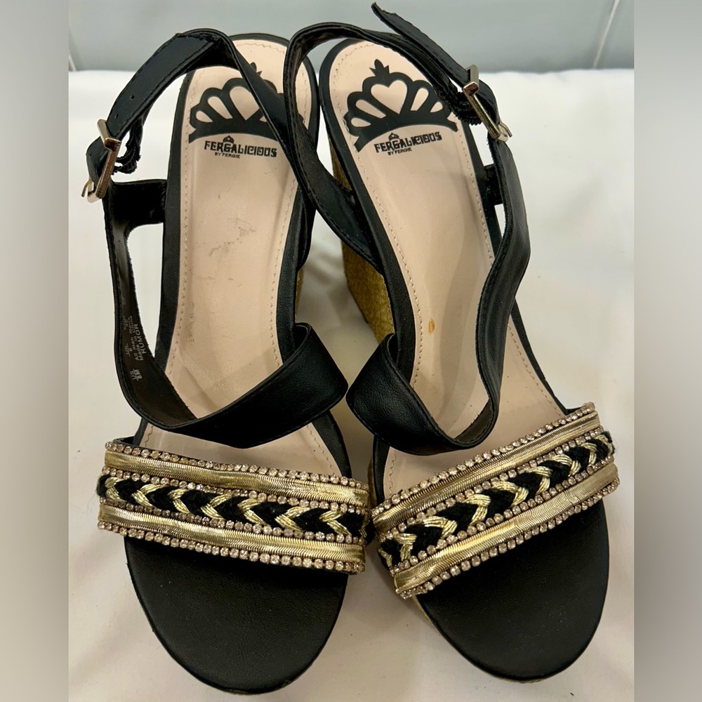 FERGALICIOUS by Fergie "Rumor" Black and Gold Platform Wedge Sandals 8M, NWOB